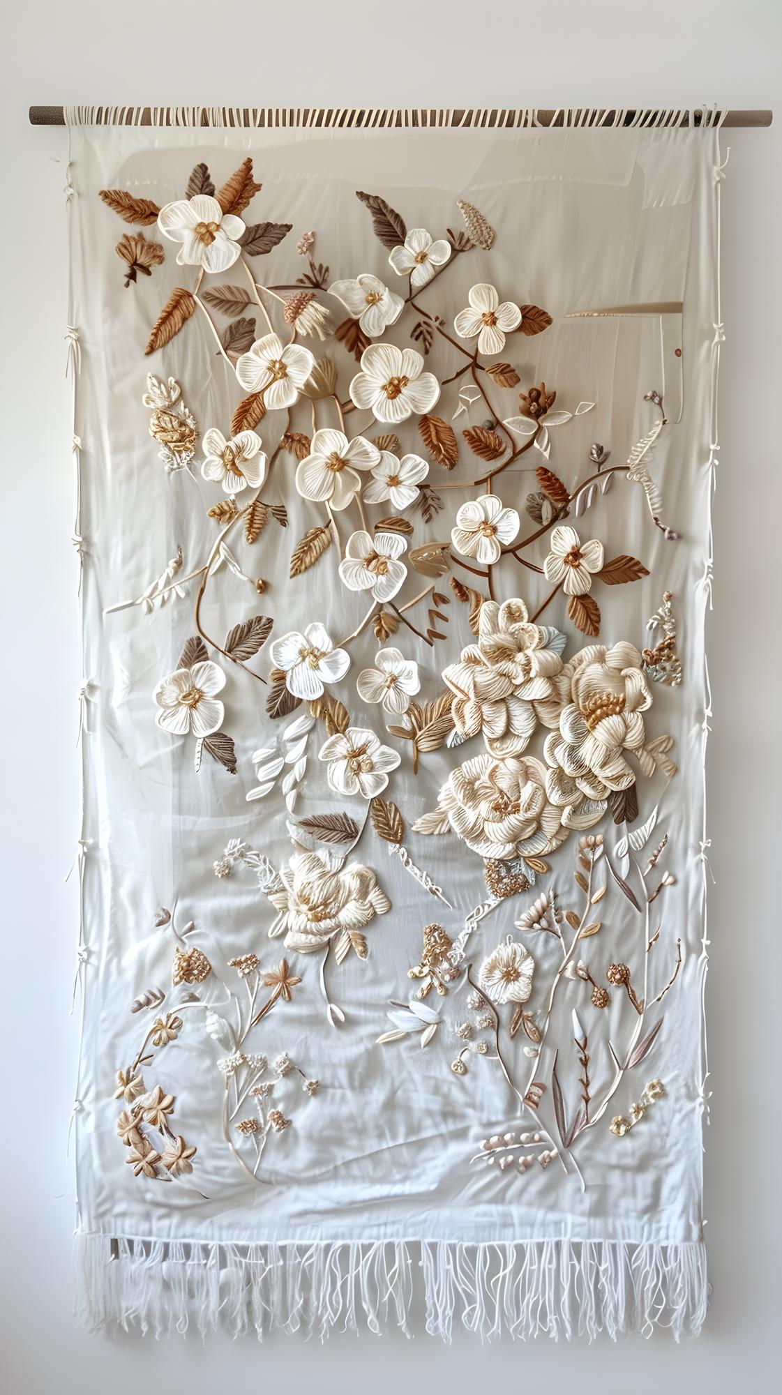 embroidered linen panel with botanical motif